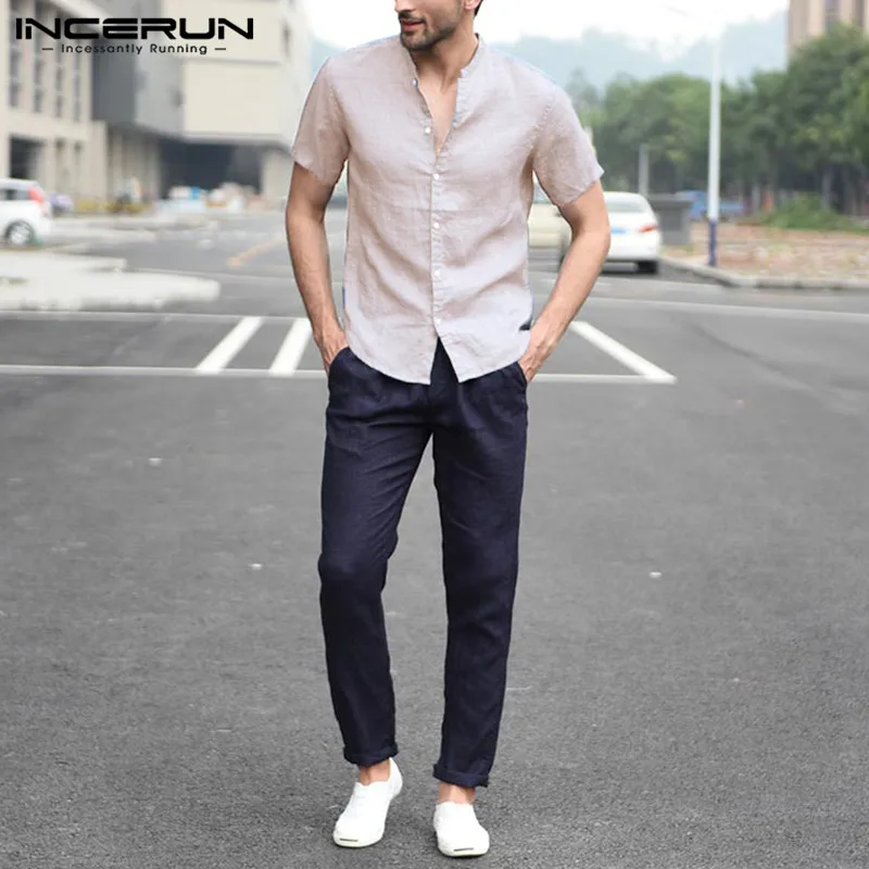 INCERUN,, модная мужская рубашка с коротким рукавом, стоячий воротник, уличная одежда, топы, одноцветные, мужские повседневные брендовые рубашки, Camisa Masculina