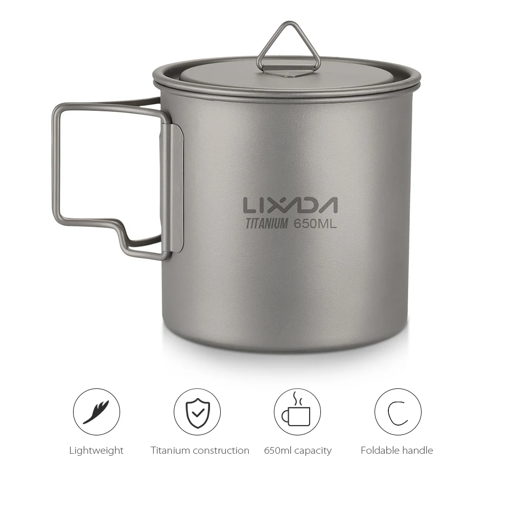 Lixada Ультралегкая титановая кружка объемом 750 мл, титановая чашка, кружка для воды для кемпинга, пикника, посуда для путешествий, кофейник, чайник со складной ручкой