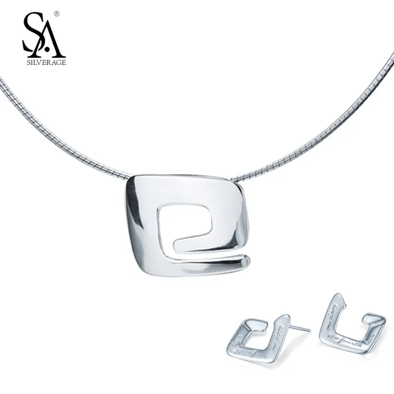 

SA SILVERAGE 925 Silver Set Geometry Design Choker Necklace And Earrings Set Real Silver Jewelry Fine S925 Women Party Gift