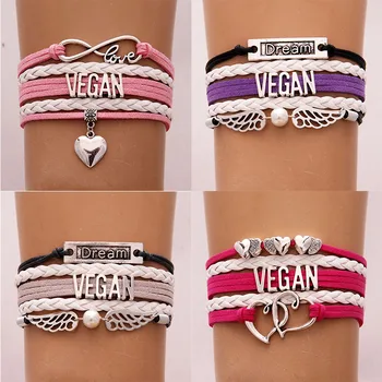 

(10pcs/lot) Infinity Love Dream VEGAN Bracelet Heart Charm Angel Wings&Pearl Leather Rope Wrap Bracelets Jewelry for Women Men