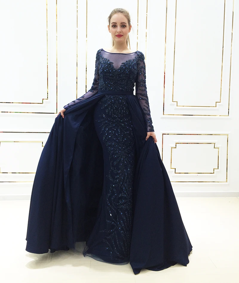 Настоящая фотография; Robe De Soiree одежда с длинным рукавом Роскошные вечерние платья 2018 Marmaid Бусины Кристалл Для женщин Арабский официальная