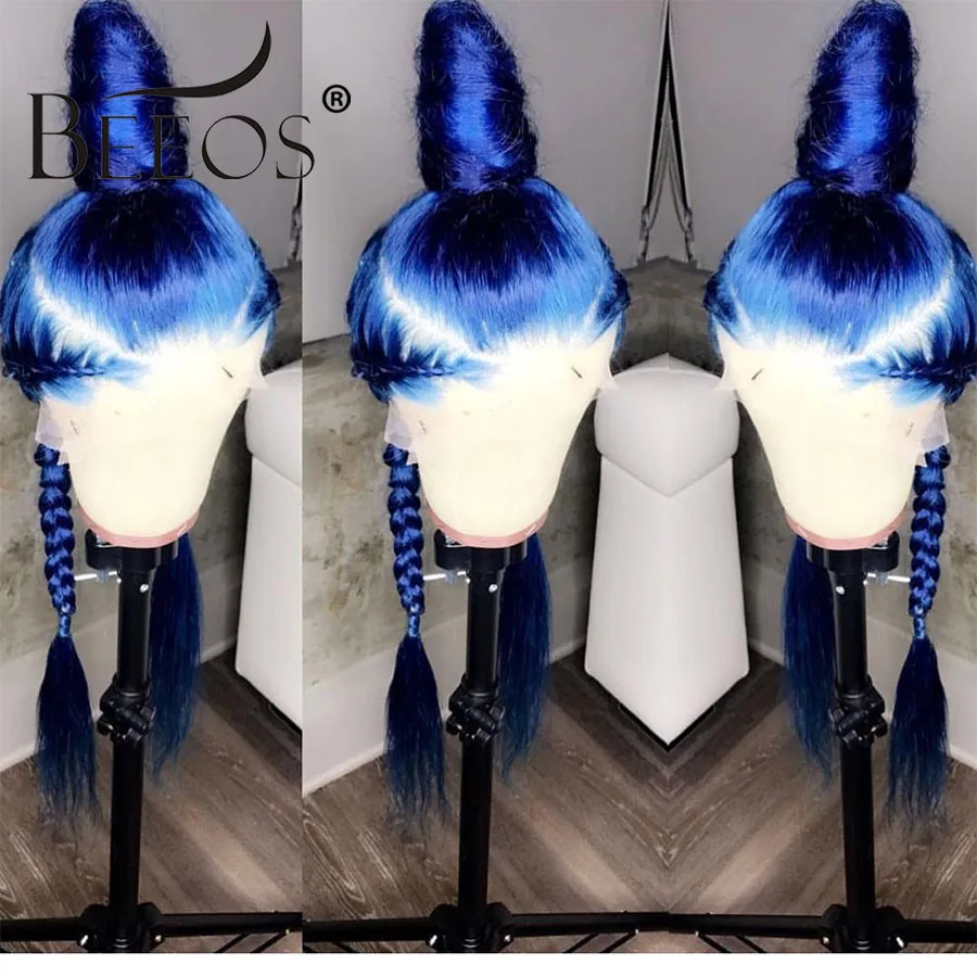 Beeos Colored Blue 150% 13*6 Lace Front Human Hair Wigs Pre Plucked Hairline Brazilian Transparent Lace Wig with Baby Hair Remy