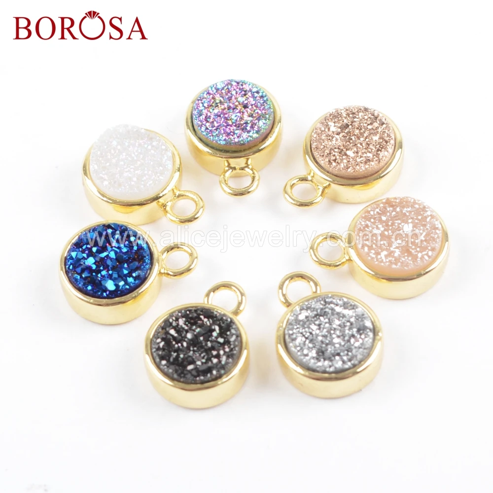 

BOROSA 12pcs Round Natural Agates Titanium Rainbow Druzy Charm Gold-color Pendant for Earring/Necklace Jewelry ZG0357
