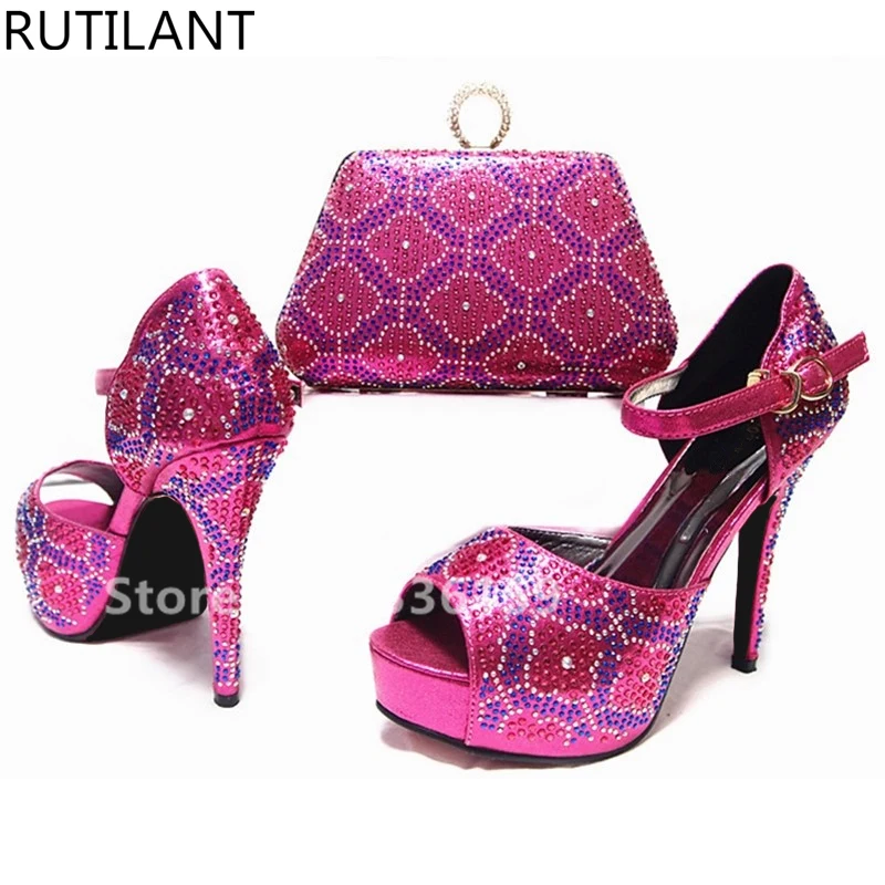 

Fuchsia Shoes and Bag Set Decorated with Rhinestone African Women Matching Italian Shoe and Bag Set for Wedding African Shoe Bag