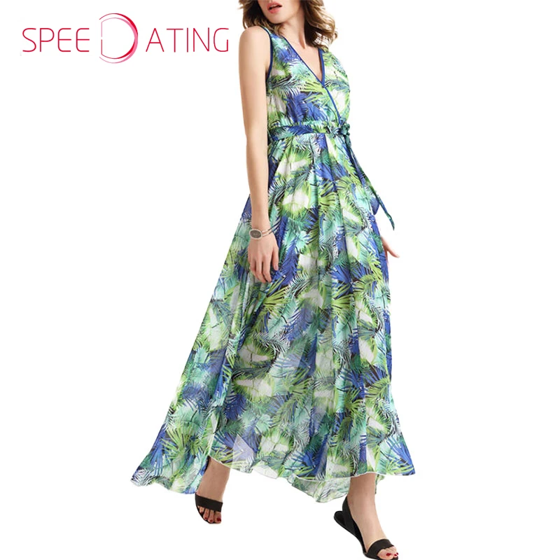 Beautiful V neck Printed Floral Long Beach Dress Summer Holiday Dresses