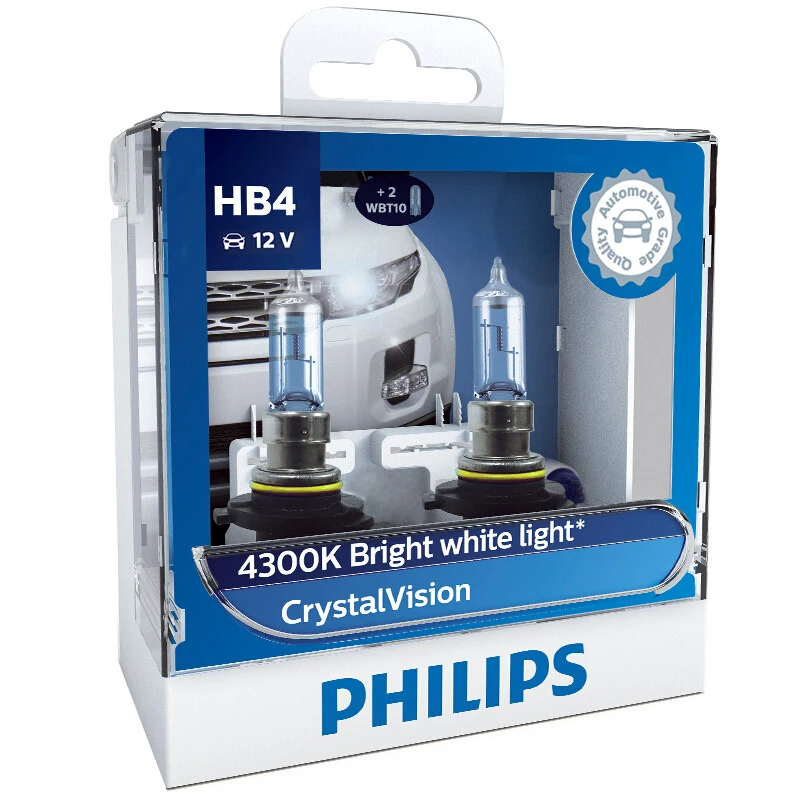 

2X Philips HB4 9006 P22d 12V 55W Crystal Vision 4300K Bright White Light Halogen Headlight Car Lamps with 2x T10 Bulbs 9006CVSM