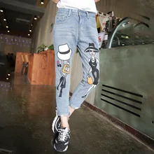 2016 New Summer Style Jeans Female Boyfriend Ripped Holes Cartoon Print Denim Harem Jeans Pants For Women LY383