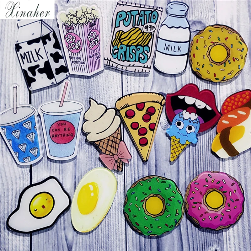 

Cartoon Drinks Milk Egg Pizza Brooch Acrylic Pin Badges Icons on The Backpack Medal Decoration Badge for Clothing