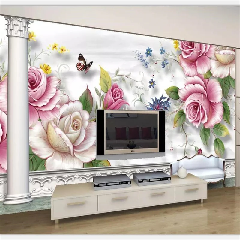 

beibehang Wallpaper custom living room bedroom wallpaper mural rose Roman column background wall decoration painting Wallpaper