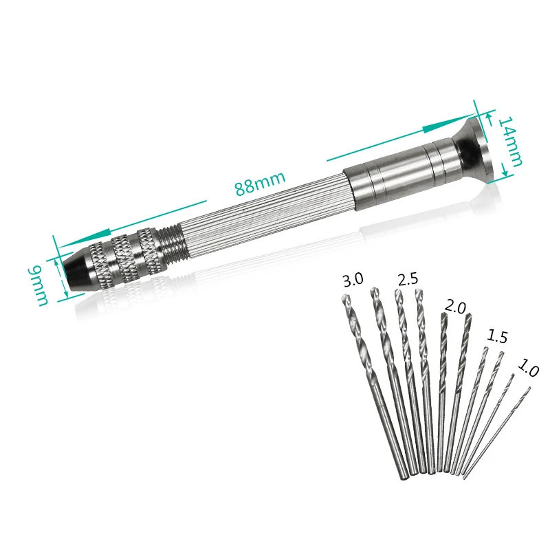 New Useful Practical 0.7-3mm Hand Drill + 10pcs Twist Drill Set Sliding Drilling Metal Spiral Tool With Drill