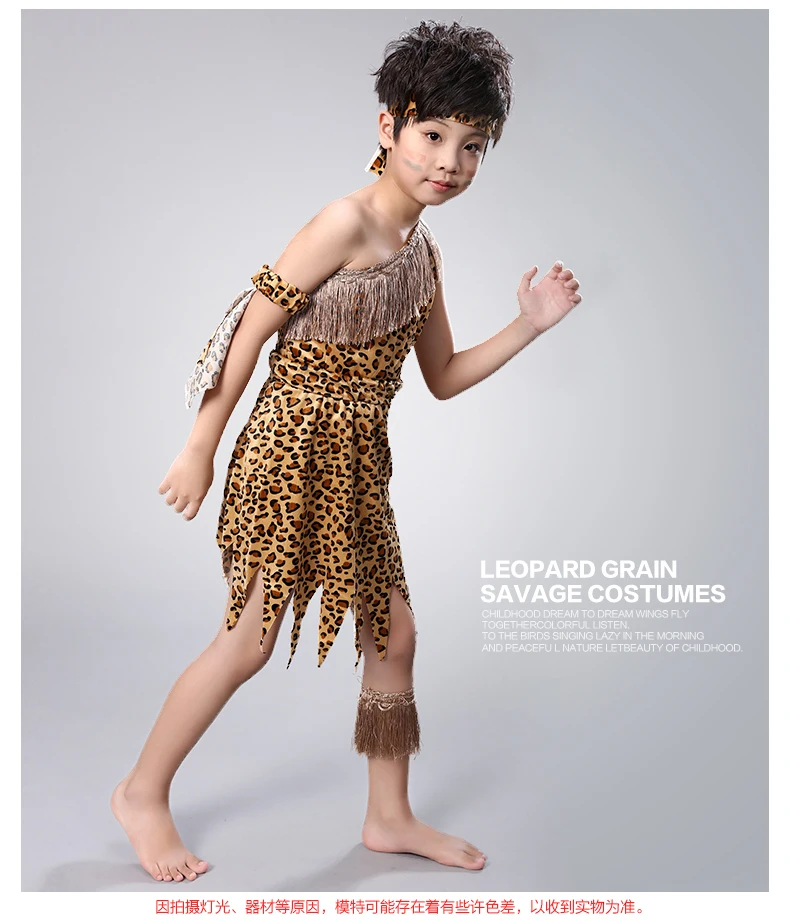 Kid Halloween Girl Savage Costumes Boy Savage Indian Girl Leopard Stage Performance Props Child Hunter Flintstones Primitive
