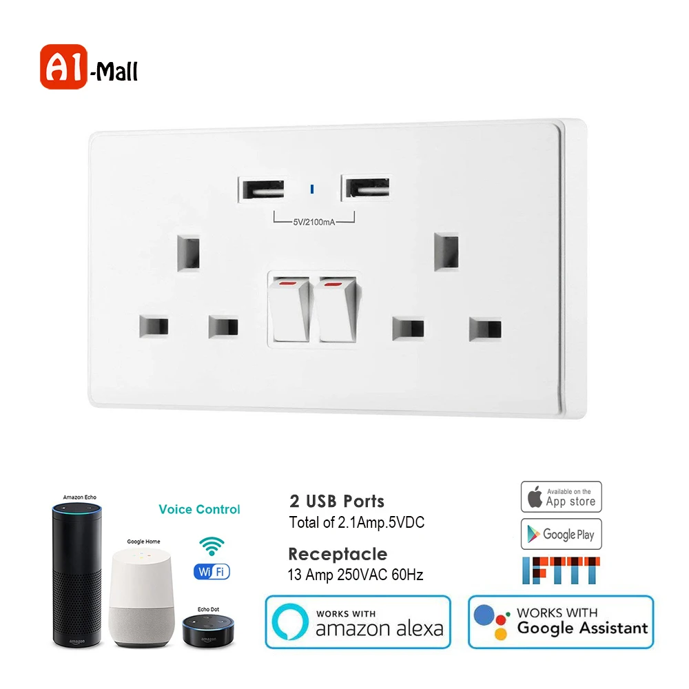 

Smart life Wifi Smart Socket UK Timer Switch Control 13A Wall Outlet and 2 USB Ports Voice Control Works with Alexa Google IFTTT