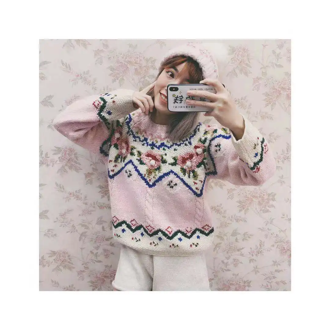 Специальное предложение полный Blusas De Inverno Feminina весна вышивка цветок шерстяной пуловер ручной вязки свитер Девушка вязать женщин