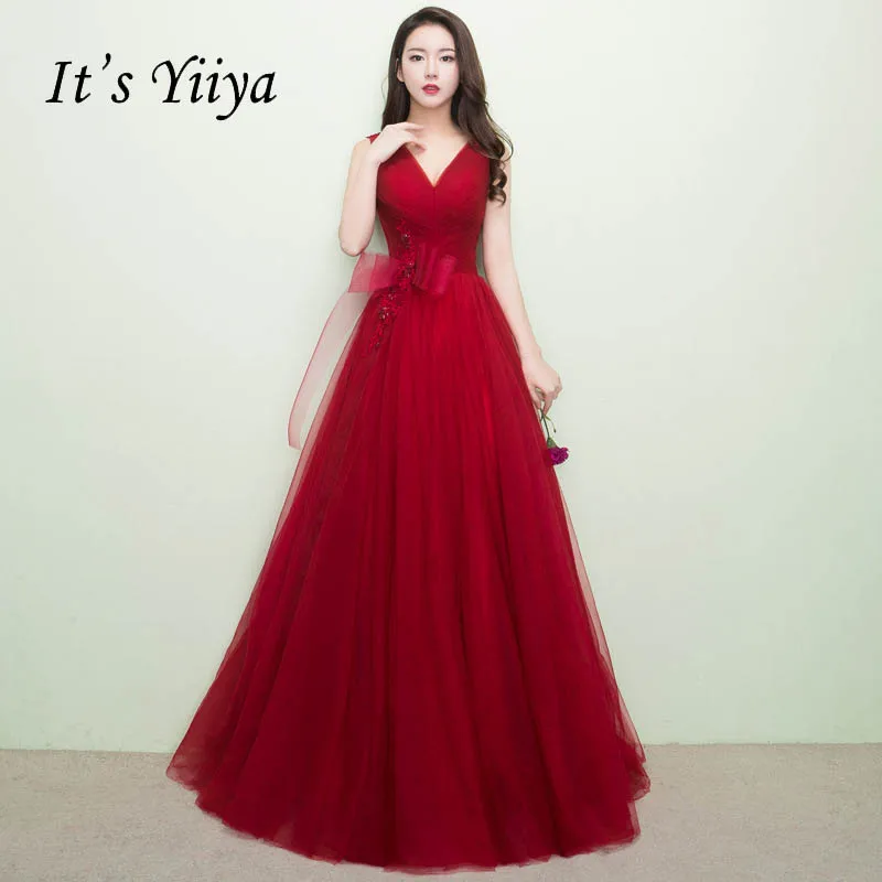 

It's YiiYa Luxury Wine Red V-Neck Sleeveless Evening Dresses Backless Floor Length A Dress LX141