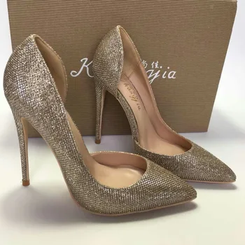 

Keshangjia 2018 New Sexy Women Pumps Glitter Pointed Toe Thin Heels Pumps Gold Shoes Woman