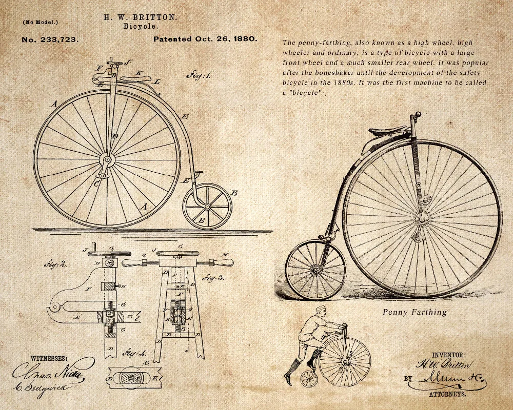 Винтажный патент HD искусство печатает 4 в 1 на старом велосипеде развития патент старый бумажный стиль без рамы