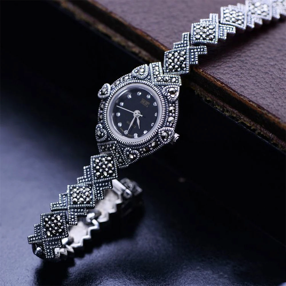 

MetJakt Handmade Woven Vintage Thai Silver Bracelet Watch with Zircon Solid 925 Sterling Silver Fine Jewelry for Women