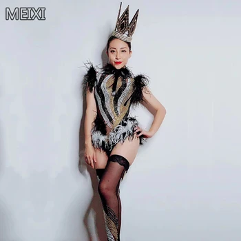 

Black empress style rhinestone feather conjoined bar nightclub birthday party concert singer dancers costumes