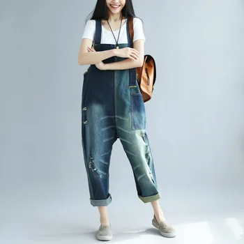 

Women patchwork Denim Jumpsuits 2018 Casual Drop Crotch Rompers original design big yards Bib Jeans Wide Leg Overalls YT4112