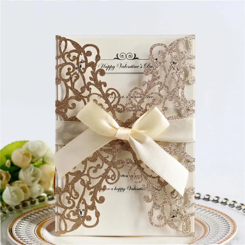  10PCS Bowknot Glitter Invitations European Style Laser Cut Wedding Birthday Party Invitations Holid - 33046193871