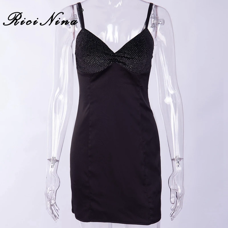 RICININA 2019 Summer Dress Women Spaghetti Strap V-neck Sleeveless Sequins Patchwork Bodycon Dress Ladies Mini Dresses Vestidos