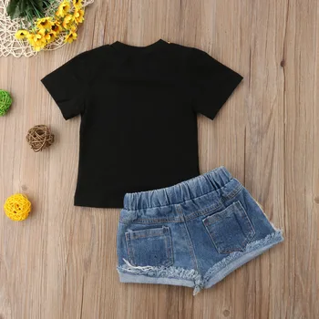 Summer Toddler Kids Baby Girl Letter Print T-shirt Tops+Sequins Denim Shorts Jeans 2PCS Outfits Children Clothing Set 6