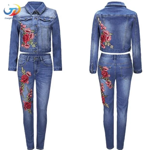 Tenglongwl 2018 High Waist Dark Blue Embroidery Jean Suits Ripped Woman 