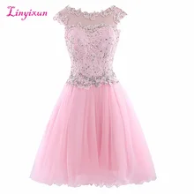 Linyixun настоящая фотография, изысканное кружевное коктейльное платье, vestido de festa, волнистое, с вырезом, с короткими рукавами, шифоновое короткое платье для выпускного вечера