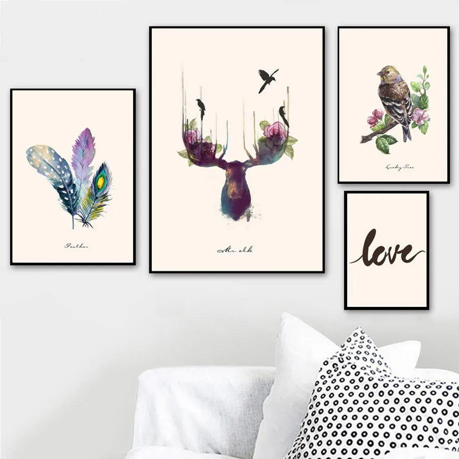 Colorful Feather Moose Deer Bird Leaf Love Wall Art Canvas Painting Nordic Posters And Prints Wall Picture For Living Room Decor