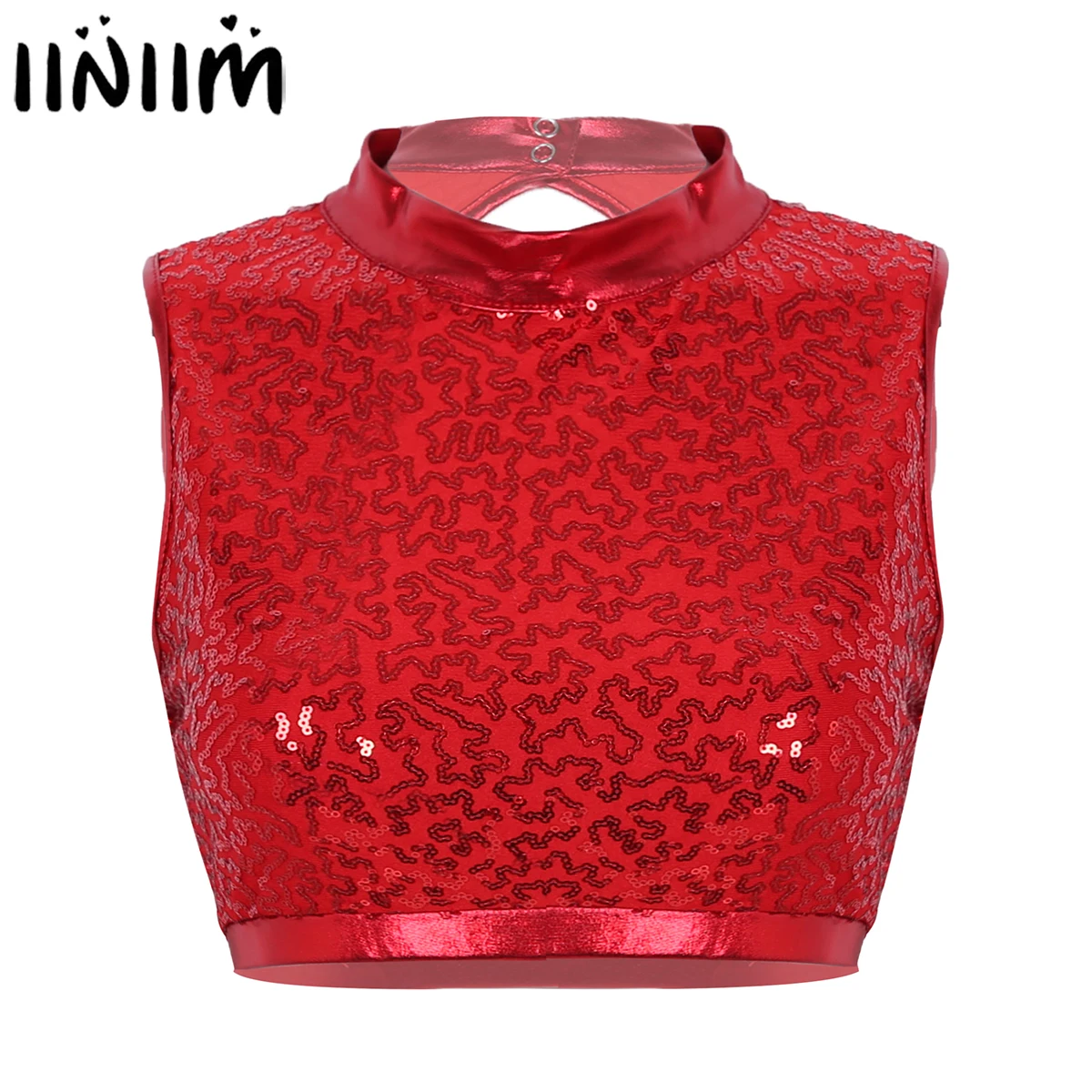 

iiniim Womens Fashion Dazzling Glittery Dance Club Performance Sequins Mock Neck Keyhole Back Dance Crop Top Clubwear Costumes