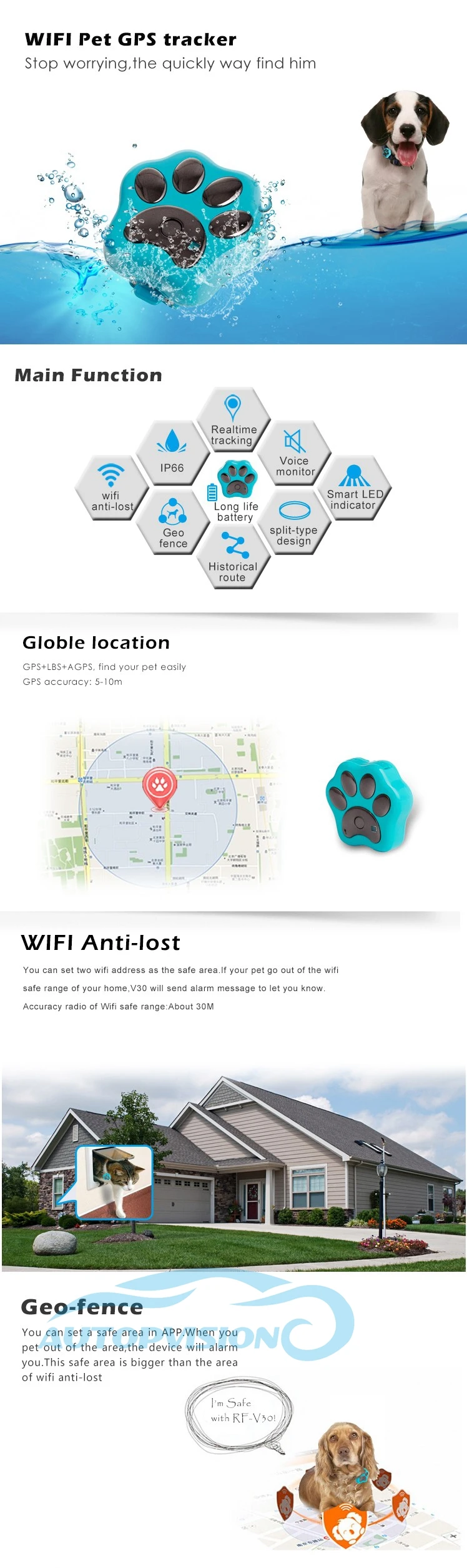 10 штук V30 Wi-Fi GPS в реальном времени Tracker для домашних и других животных мини Водонепроницаемый домашних животных GPS трекер SOS сигнал Global GPS