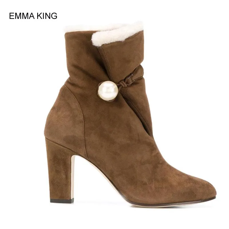 

EMMA KING Big Pearl Buckle Ankle Boots Women Square High Heels Round Toe Ladies Botas Winter Warm Zepatos De Mujer Soft Shoes
