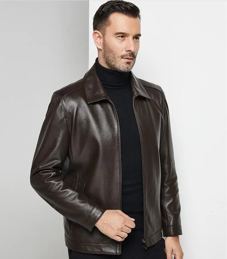 Модная одежда для пап, черная кофейная куртка из овчины, байкерская куртка для мужчин среднего возраста, весенне-осеннее пальто из натуральной кожи