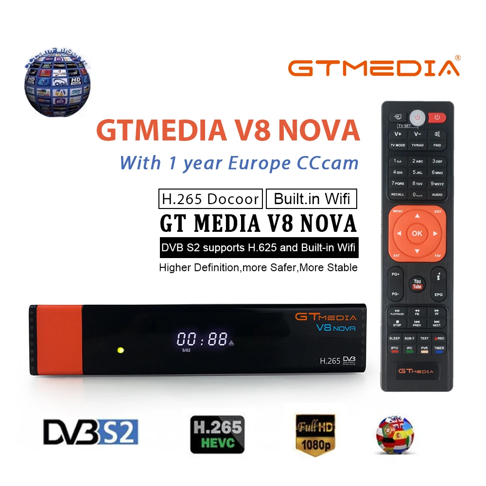 

Full HD Gtmedia v8 nova DVB-S2 FTA Satellite Receiver Freesat v8 honor with Europe Cline for 3 year Support H.265 Built-in WiFi