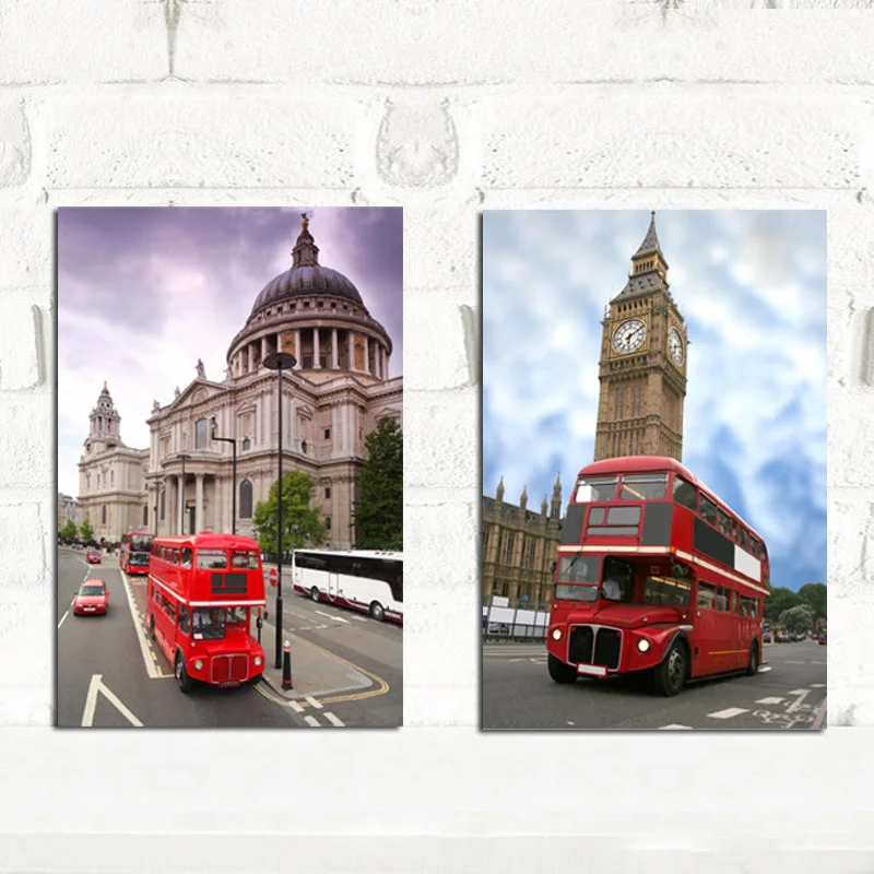 Red Telephone Box and Red Double-Decker Bus in London Printed on Canvas