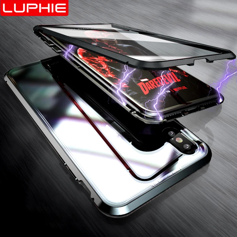 

LUPHIE 360 Degree Full Magnetic Case For iPhone X XS Max XR 8 7 Plus Cover Front Back Glass Case For iPhone 7 8 X XS Magnet Case