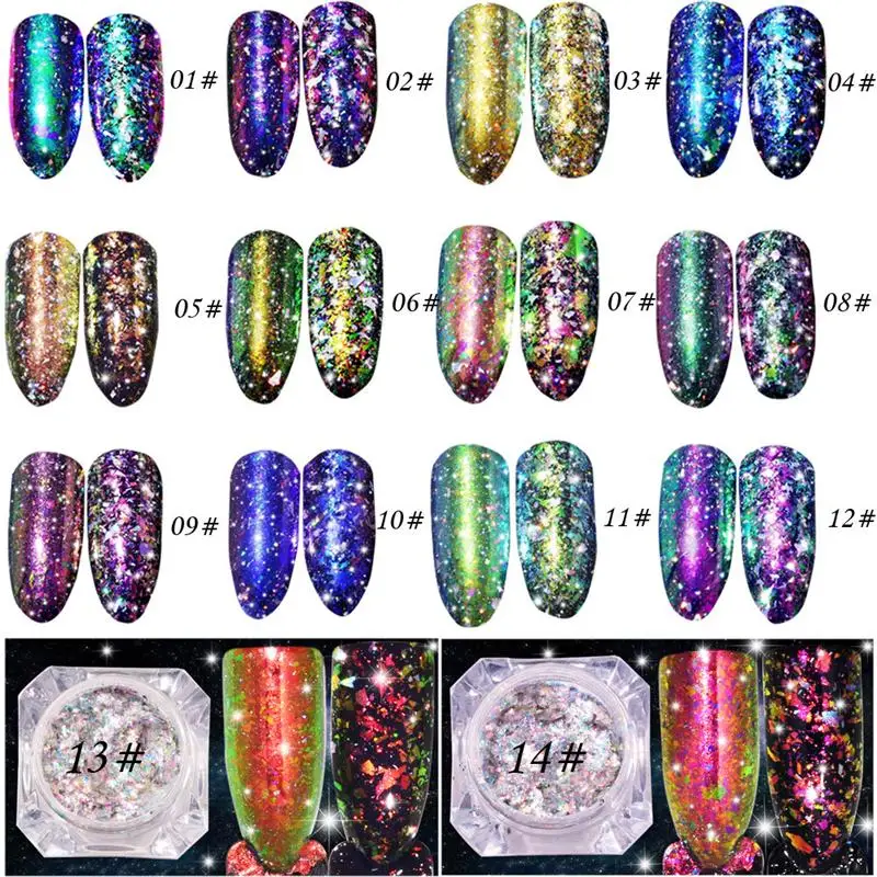 Галактический хлопья Хамелеон зеркальный блеск алюминиевые блестки чешуйки волшебное зеркало эффект порошки блестки ногтей DIY сверкающие ногти пыль
