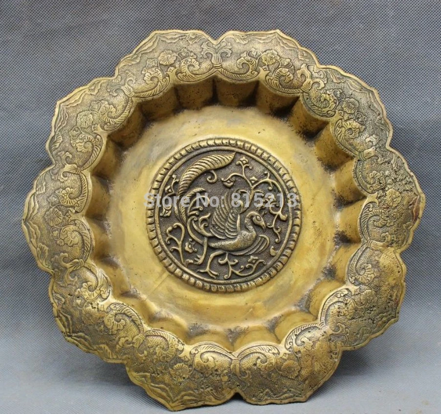 

bi00757 12" Chinese Bronze Carved JiXiang Bird Peacock Phoenix Flower Statue Plate Tray