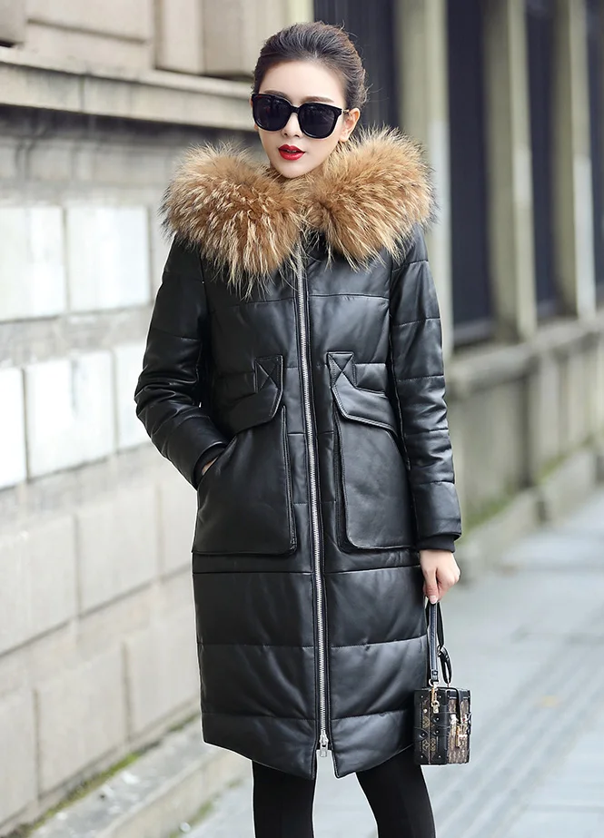 Новое Женское пуховое пальто из натуральной овечьей кожи, длинное пальто с большим капюшоном из меха енота и лисы, большие размеры 2xl 3xl 4xl - Цвет: raccoon fur
