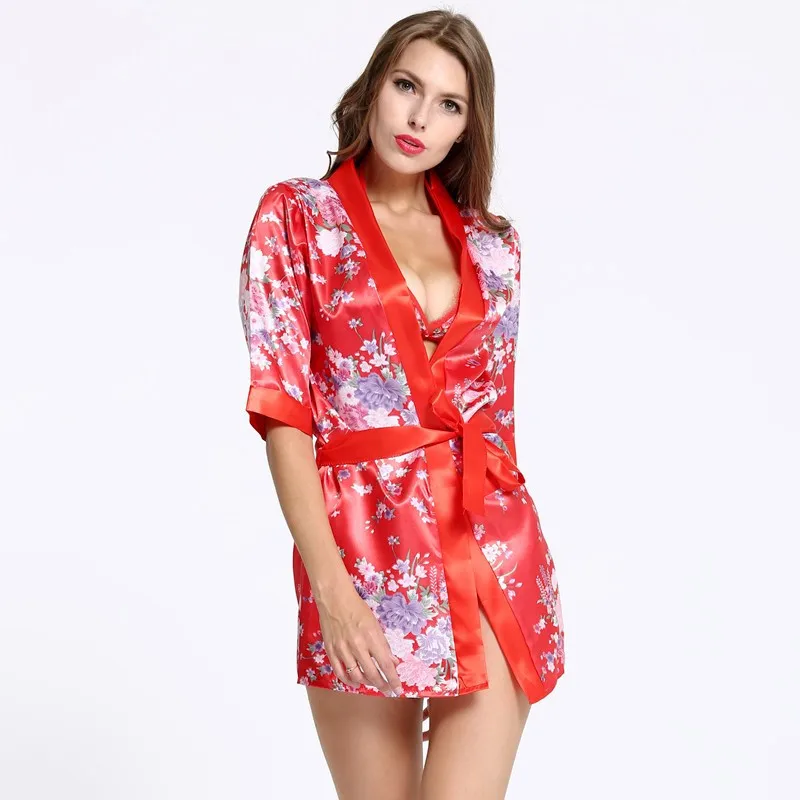 

Sexy Robe set Gown sets bathrobe pajamas female Sexy satin kimono nightdress peignoir camisola robe micro bikini bra three piece