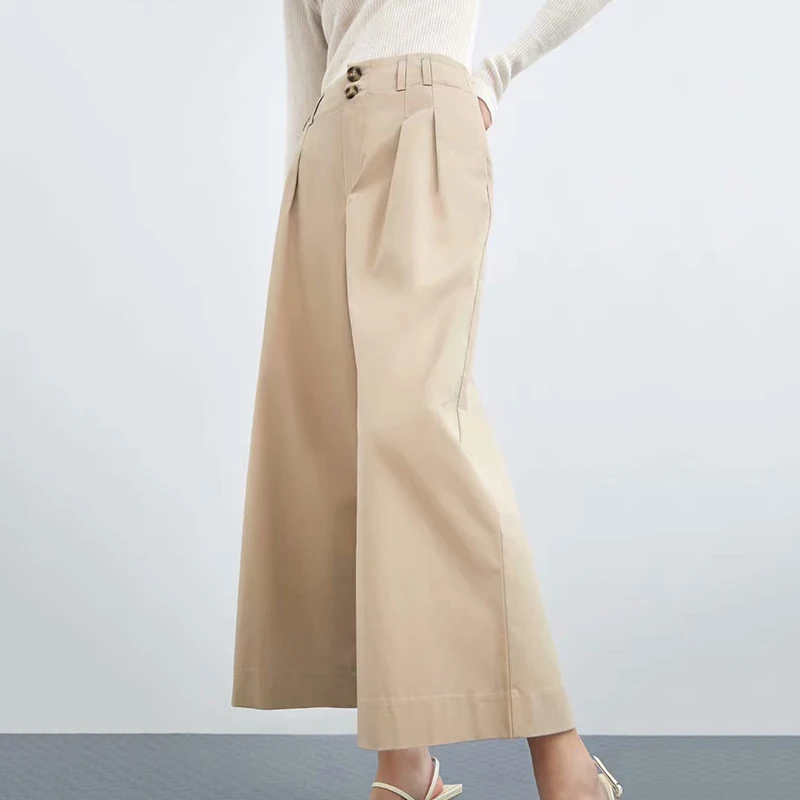 

New Khaki Women Twill Wide Leg Pants 2019 Spring-Autumn Fashion Ladies Loose High Waist Lycra Trousers Chic Girls pantalon femme