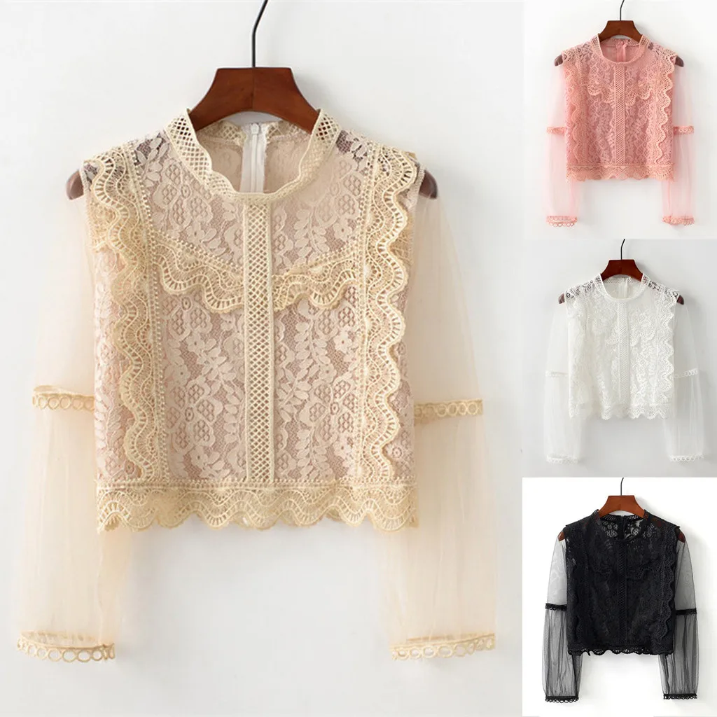 

Lace Tops 2019 Women Summer Sexy Lace Floral Long Sleeve See Through Short Top Blouse