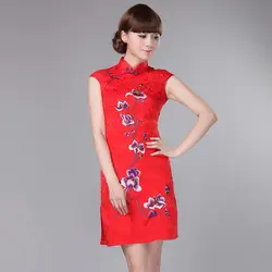 Специальное предложение красные женские атласные Чонсам Короткие Мини Qipao Топ Китайская вышивка Цветочное платье размер S M L XL XXL 020702