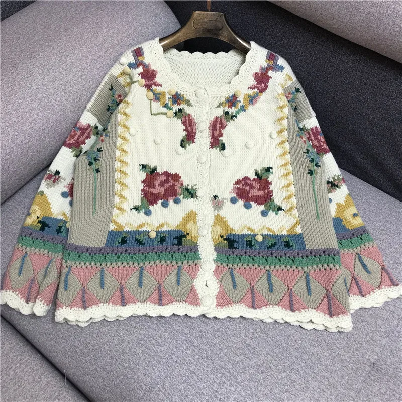 

Luxury Designer Brand Knitted Cardigans for Women O Neck Vintage Hand Embroidered Flower Hook Stereo Ball Knitted Sweater