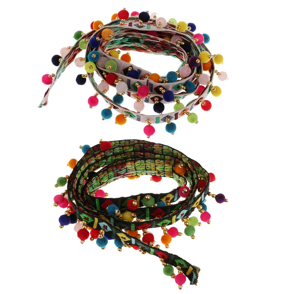 2Pcs Ethnic Style Fringed Lace Jacquard Ribbon With Pompom Ball Trim 1 Yard DIY Apparel Sewing for embellishments