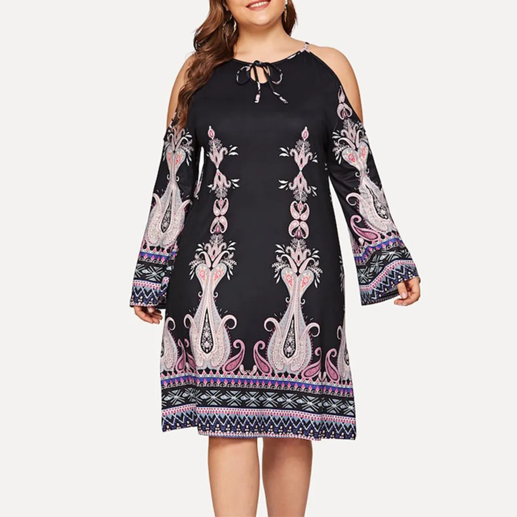 

Feitong Plus Size Blouse Women Fashion Women O-Neck Long Sleeve Printed Lace Up Cold Shoulder Top blusas mujer de moda 2019