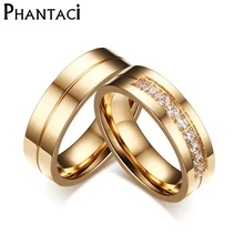 6MM Stainless Steel Wedding Ring For Lovers IP Gold Color Crystal CZ Couple Rings Set Men Women Engagement Wedding Rings