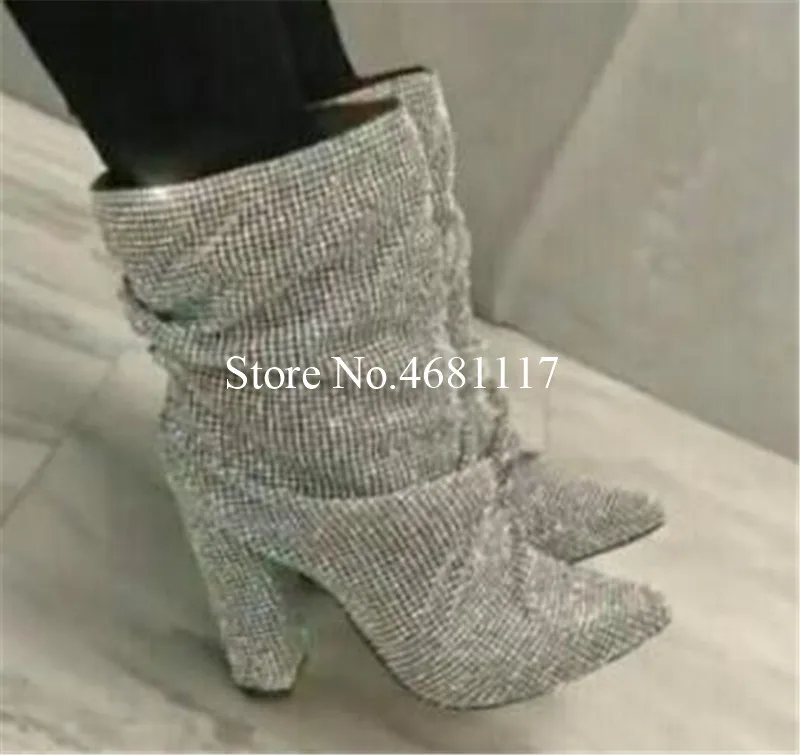 

Winter and Spring Women Shoes Sexy Pointed Toe Square High Heel Slip-on Black Kahaki Fashion Bling Crystal Solid Women Boots