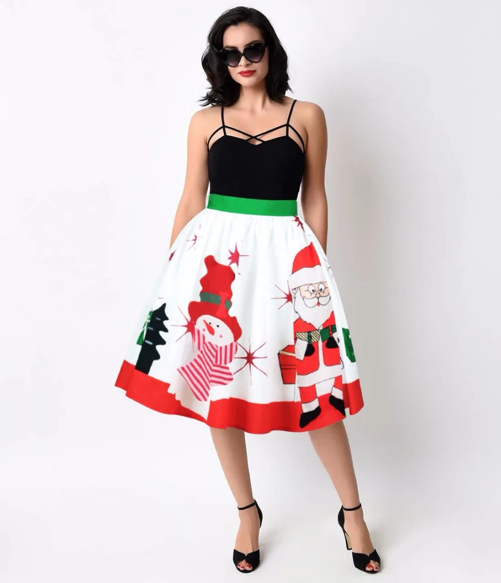 SexeMara новые модные женские аксессуары Санта-Клаус печати высокой талии полный круг расклешенные юбки вечерние Рождественские юбки