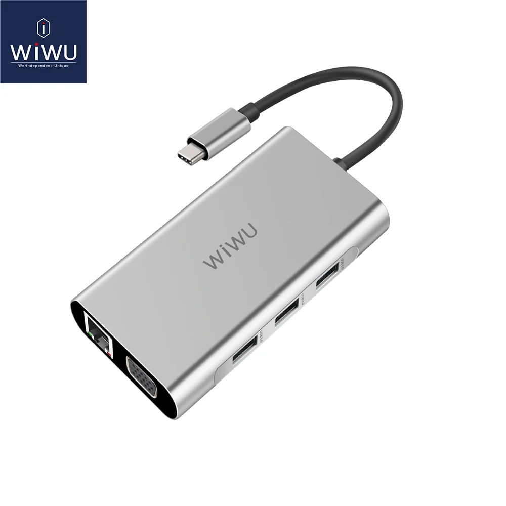 WIWU 10 в 1 usb-хаб для MacBook USB C к HDMI/VGA/RJ45 Thunderbolt 3 адаптер для Dell/samsung/huawei P20 Pro type-c USB 3,0 концентратор - Цвет: Серый